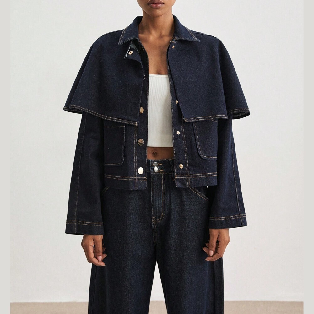 Dark Indigo Denim Cape Sleeve Contrast Stitch Crop Jacket
